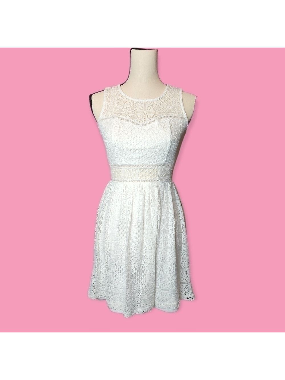 Y2K White Crochet Lace Sweetheart Neck w/ Waist Cutout Mini Fit & Flare Dress